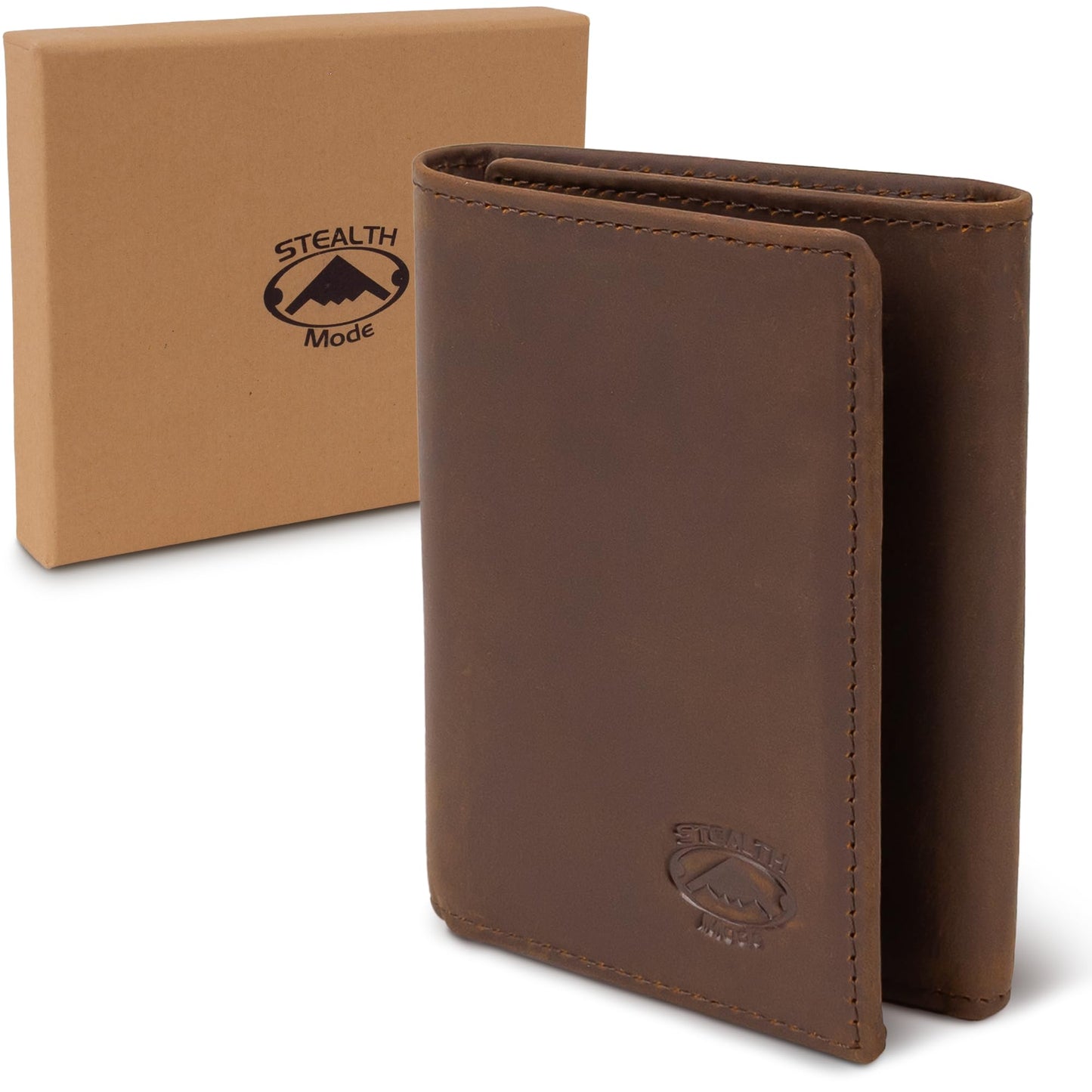 Stealth Mode Trifold Leather Wallet for Men with RFID Blocking (Brown)