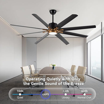 72 Inch Large Ceiling Fan with Light and Remote Control, 8 Blades Modern Ceiling Fan with Reversible DC Motor, Stepless Dimmable, Quiet for Indoor Use, Black and Gold