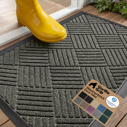 GORILLA GRIP 100% Waterproof All-Season WeatherMAX Doormat US Designed Natural Rubber, Stain Fade Resistant, Low Profile Indoor Outdoor Door Mats, Easy Clean, 29x17 Gray Diamond