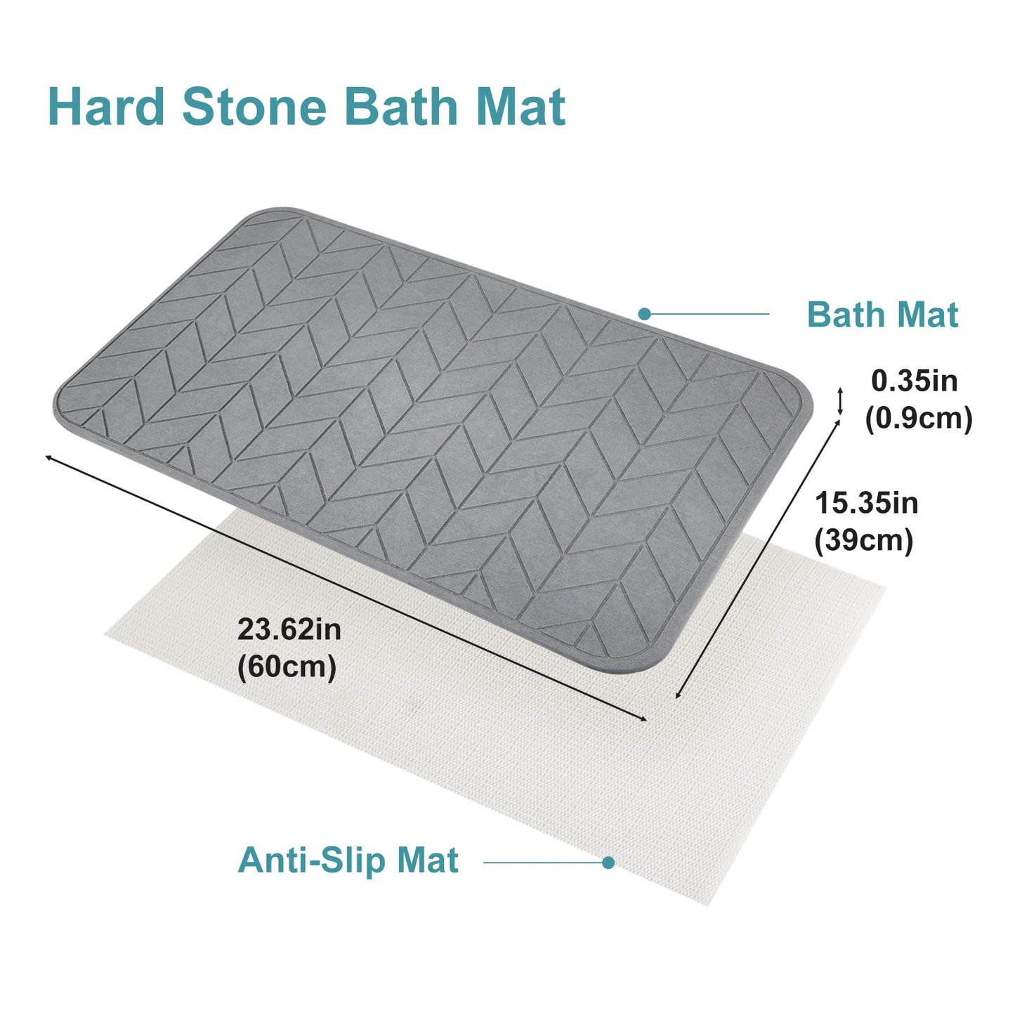 JUERLEN 2 Pack Diatomaceous Earth Shower Mat, Stone Bath Mat, Nonslip Super Absorbent Fast-Drying Hard Bath Mat for Bathroom Shower Floor, 24 x 16 inch, Grey Arrow Design