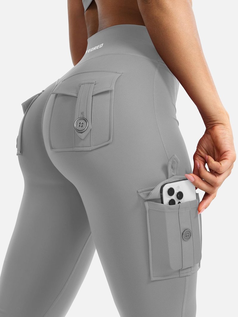 YEOREO CoreFlex Women Workout Flare Leggings with Pockets Scrunch Cargo Gym Yoga Leggings Light Gray XS