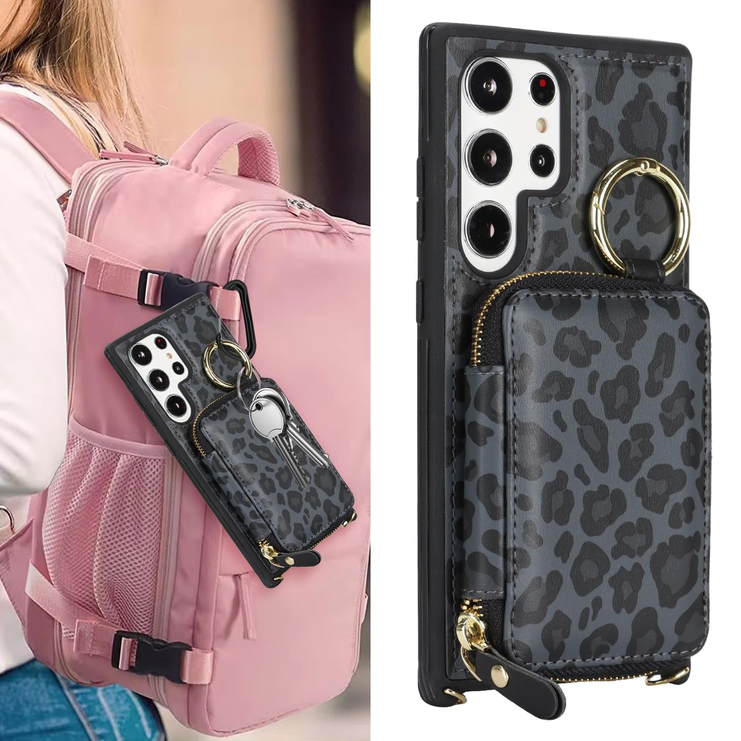 Hamany Crossbody Wallet Case for Galaxy S24 Ultra, PU Leather Zipper Handbag Purse Flip Cover, Kickstand Folio Case with Card Slots Holder Wrist Strap Lanyard -Black Leopard