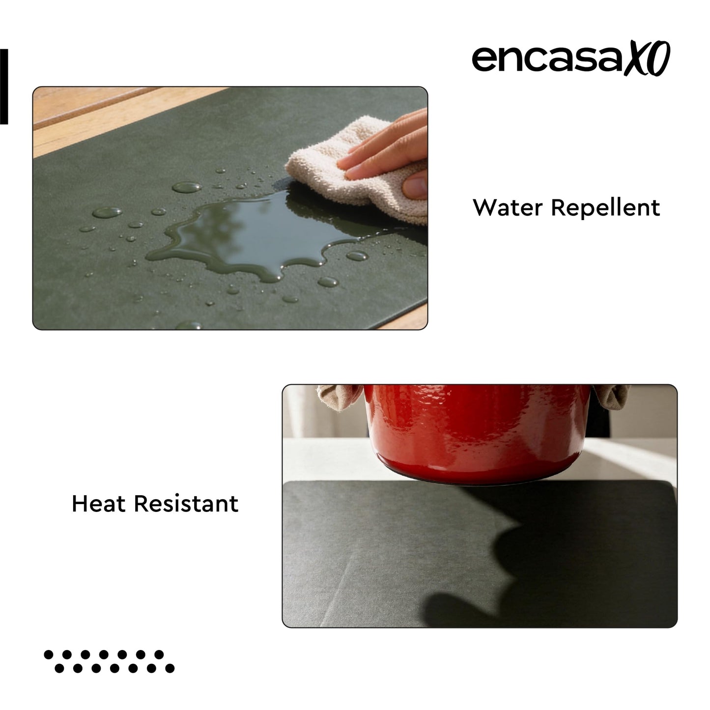 Encasa XO Dual Sided Leather Olive Table Runner with Suede Top | Heat & Water Resistant, Non-Slip, Wipeable & Durable Dining & Kitchen Table Decor | 12"x33"