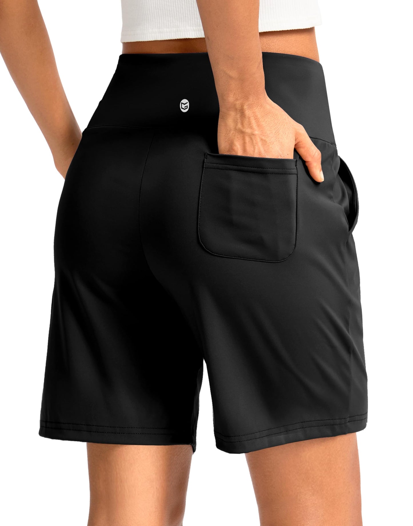 G Gradual Women's Bermuda Long Shorts with Pockets 7" High Waisted Knee Length Shorts for Women Walking Athletic Workout(Black-L7,XL)