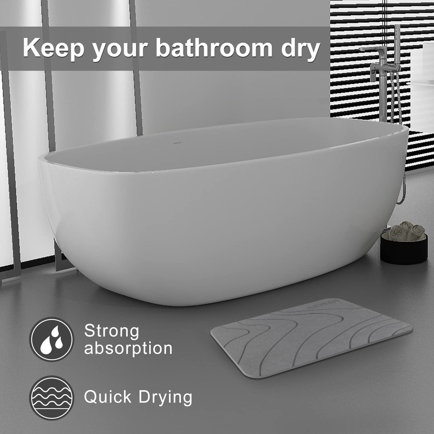 JUERLEN 2 Pack Diatomaceous Earth Shower Mat, Stone Bath Mat, Nonslip Super Absorbent Fast-Drying Hard Bath Mat for Bathroom Shower Floor, 24 x 16 inch, Grey Wave Design