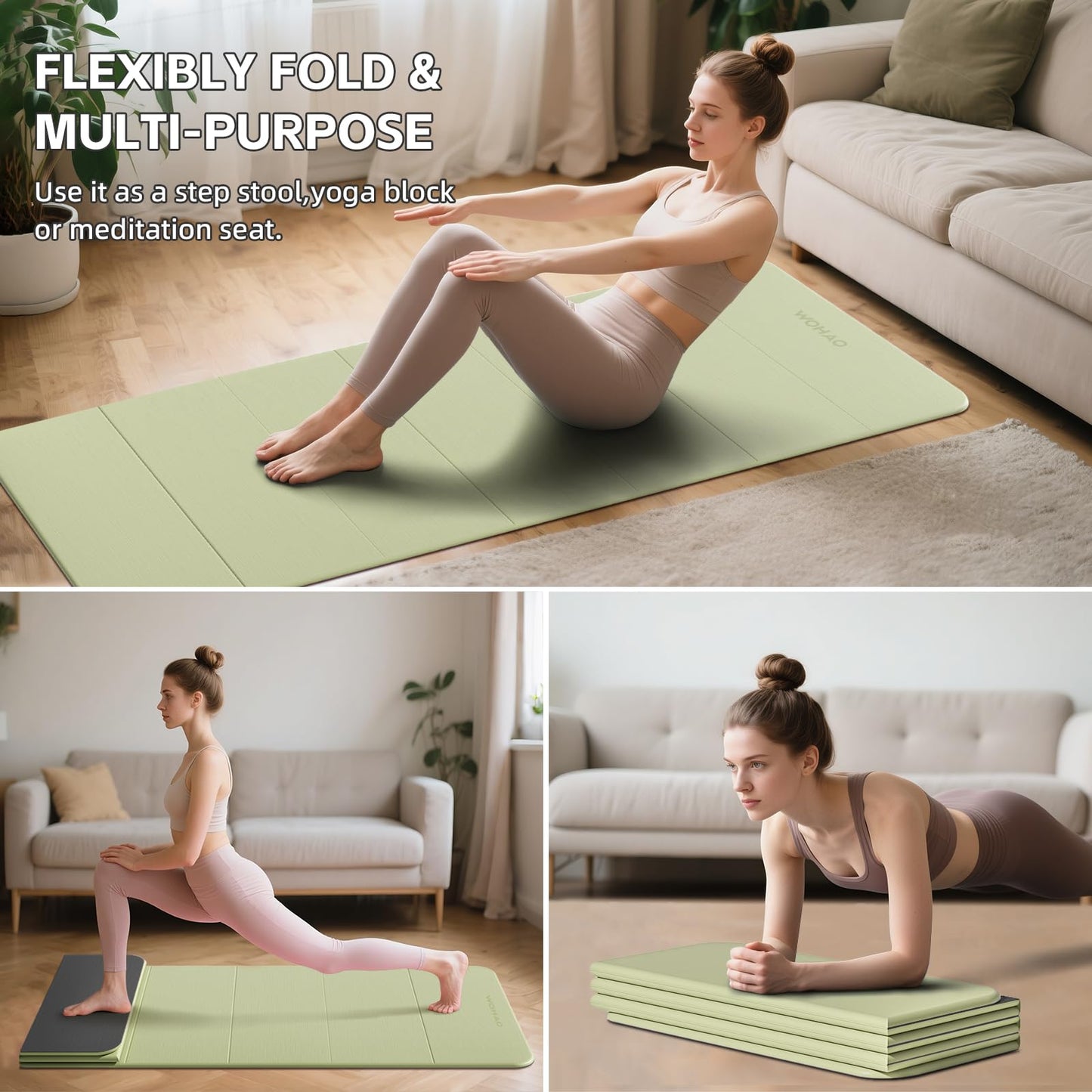 WOHAO Foldable Yoga Mat 70"x24" - Thickened TPE Non-Slip Exercise Mat for Home, Gym & Travel, Lightweight & Easy to Carry, Supports Pilates, Hot Yoga & Floor Workouts (Grass Green + Black)