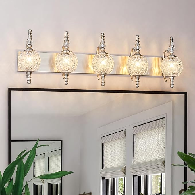 Modern Crystal Bathroom Vanity Lights Fixtures Over Mirror Brushed Nickel Vintage 5-Lights 36 Inch Bathroom Light Fixtures Glass Crystal Vanity Lights