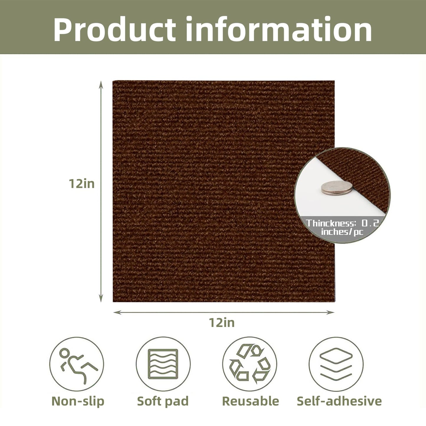 12x12 Inch Peel and Stick Carpet Tiles with Soft Pad, Self-Adhesive Removable Floor Squares for Bedroom, Office, Rental, Easy DIY Installation (10, Brown)