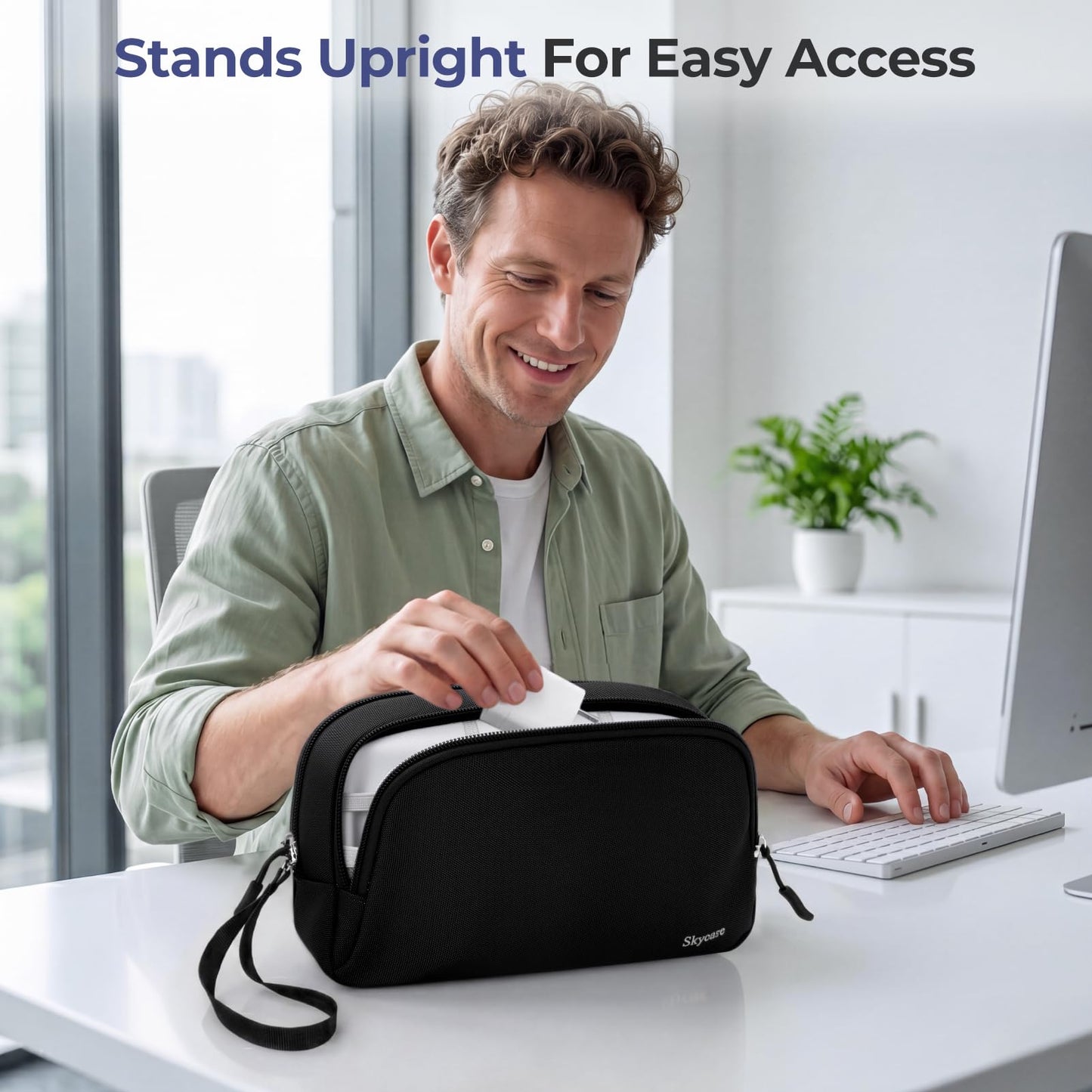 Skycase Travel Cable Organizer - Lightweight Water Resistant Dual-Layer Tech Pouch with Wrist Strap 11 Compartments Electronic Organizer Travel Case for Charger Cord Hard Drive,Large,Black