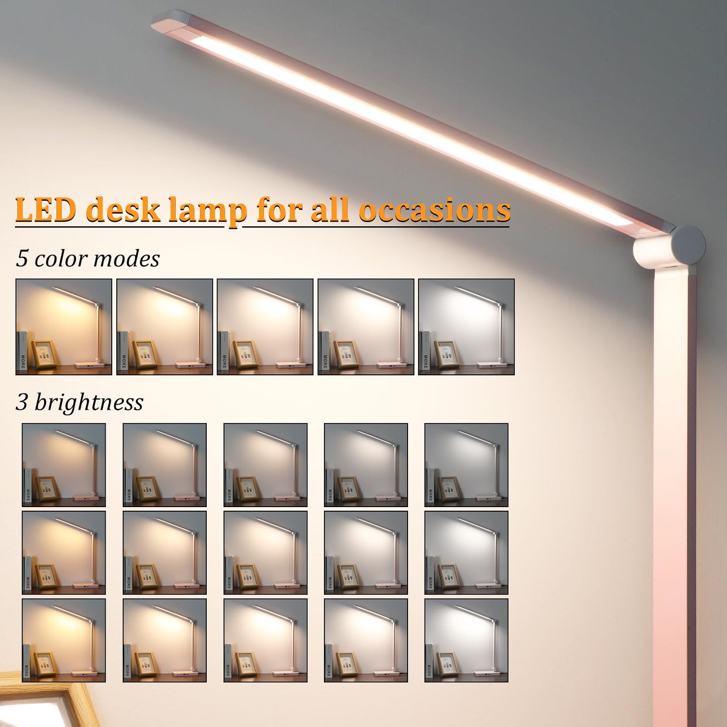 LED Desk Lamp with USB Ports,Touch Desk Lamps for Home Office with 5 Color Modes,3 Brightness Desk Light with Small Night Light,Reading Lamp Table Lamp for Bedroom Bedside Study Black （with adapter）