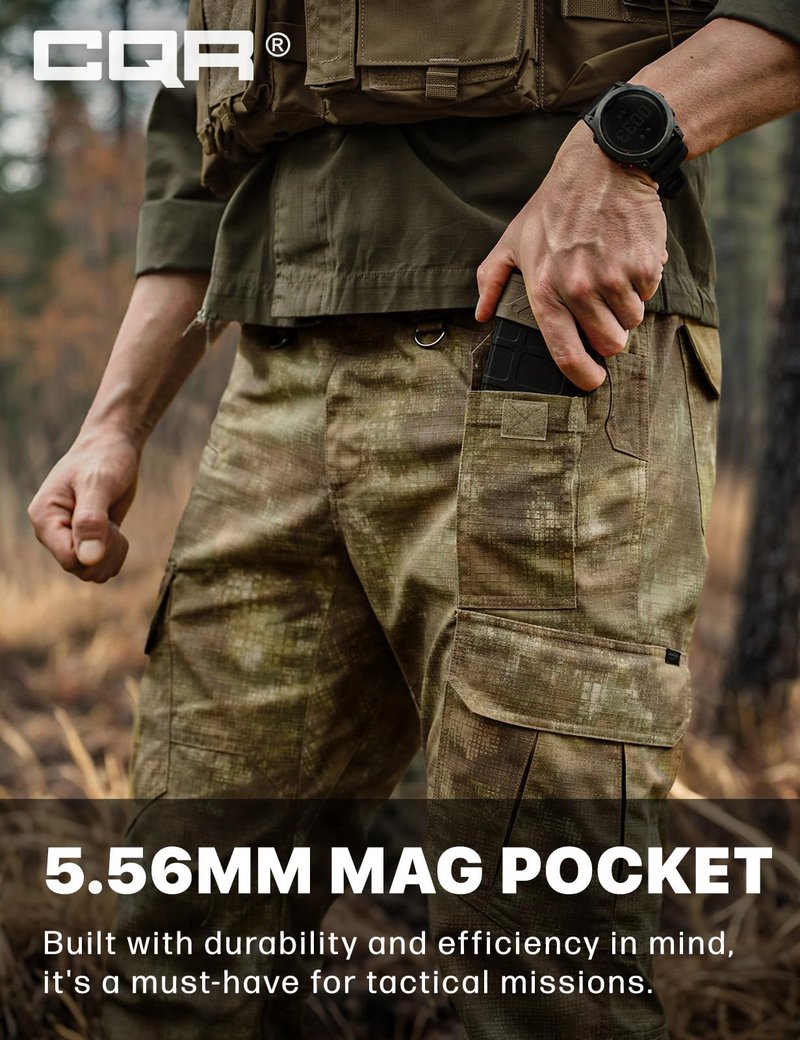 CQR Men's Tactical Pants, Water Resistant Ripstop Cargo Pants, Lightweight EDC Work Hiking Pants, Outdoor Apparel, Duratex Mag Pocket Print Fractal Camo, 36W x 36L