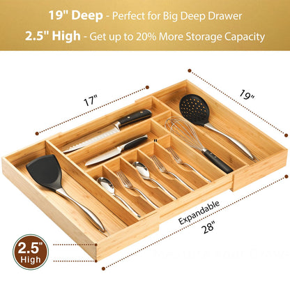 Umilife Bamboo Kitchen Drawer Organizer, 13 Inch Silverware Utensil Tray Holder, Extra Deep Grooved Drawer Divider, 7 Slots Total Bamboo Wood Caddy for Flatware Cutlery Knives, Forks, Spoons
