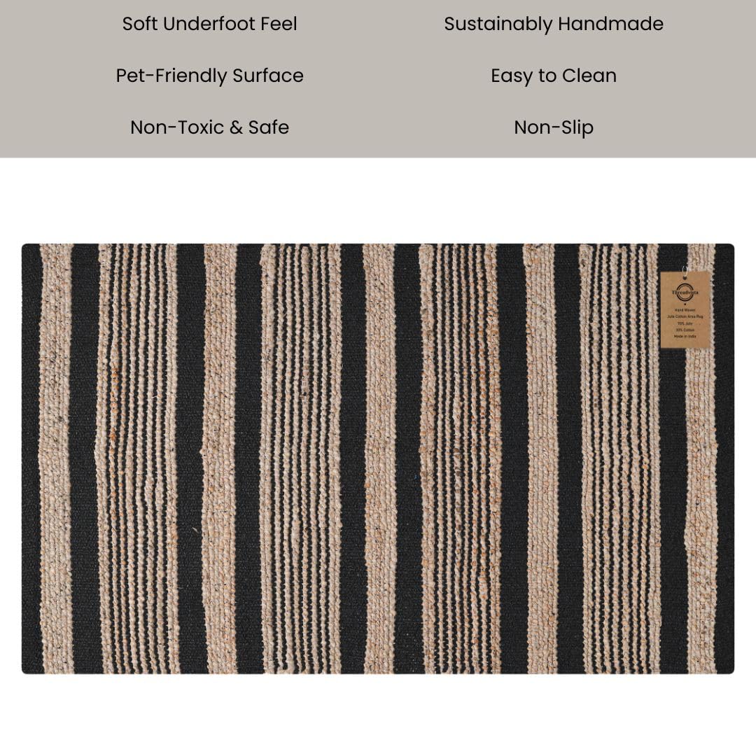Threadvista Hand Woven Area Rug 2x3 Feet - Rustic Farmhouse Boho Accent Rug for Living Room Bedroom Kitchen Entryway Floor Mats Non Slip - Ideal for High Traffic Areas Jute Cotton Rug Natural Black