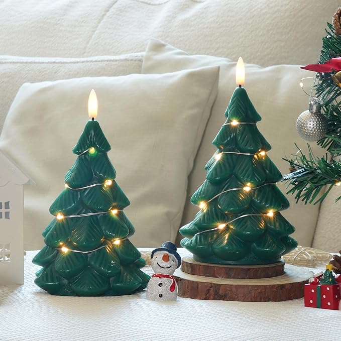 Homemory Christmas Tree Candles with Remote, 2 Pcs Waxy LED Flameless Candles Flickering, Green Electric Lights Battery Operated for New Year Celebration Holiday Decorations 7.5 Inches