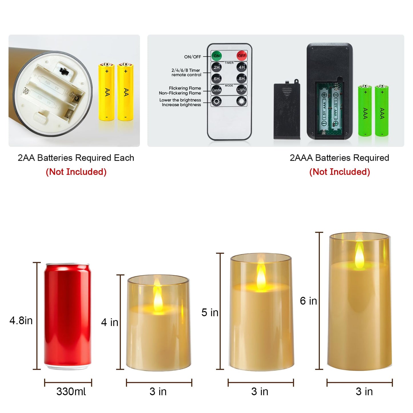 Raycare Flameless Electronic Pillar Candles with Remote Control and Timer- Battery Operated Realistic Flickering LED Fake Candle for Home, Wedding, Valentine's Day Decor, Gold,Set of 3(3"x4"5" 6")