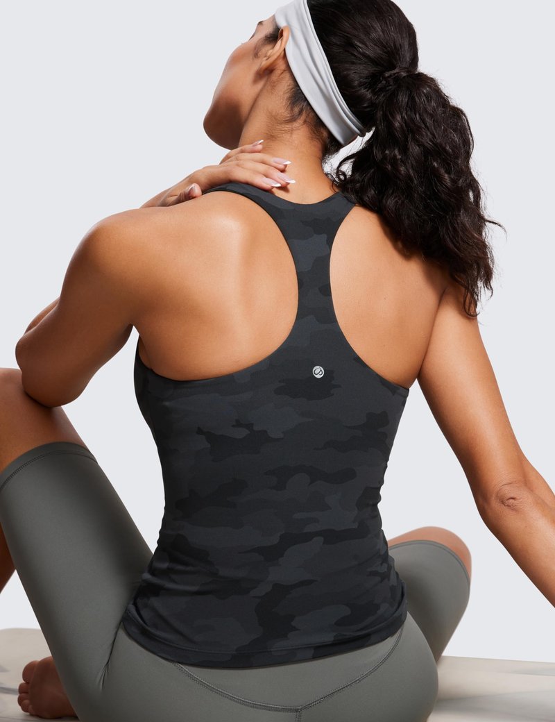 CRZ YOGA Butterluxe Workout Racerback Tank Tops for Women - Padded Athletic Spandex Yoga Shirts with Built in Bra Dark Grey Camouflage 2 X-Large