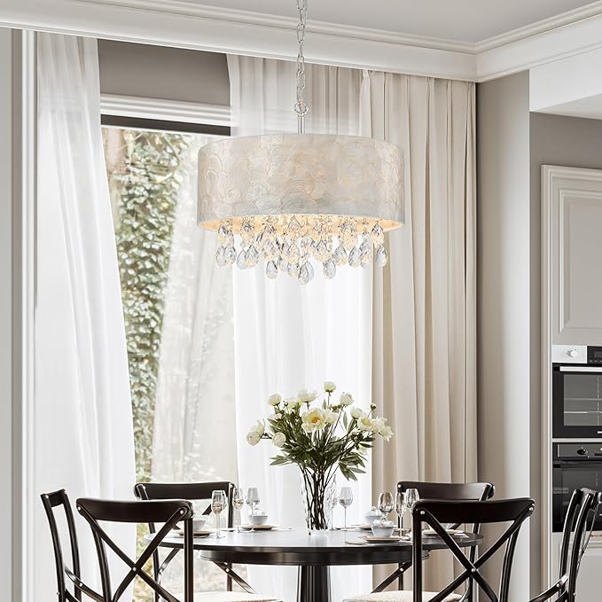 4-Lights Drum Capiz Shell Crystal Chandeliers, Coastal Style Pendant Light Fixture for Dining Room, Living Room, D18 x 21~68"(Adjustable), Shell Lampshade & Chrome Finish