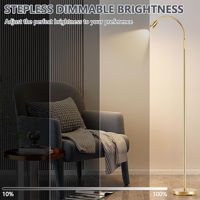 Reading Floor Lamp, 72" Tall LED Lamp with Flexible Gooseneck, Dimmable Zoomable Spotlight, Adjustable Color Beam Standing Lamp, Touch & Remote Control, Task Craft Bedroom Living Room (Antique Brass)