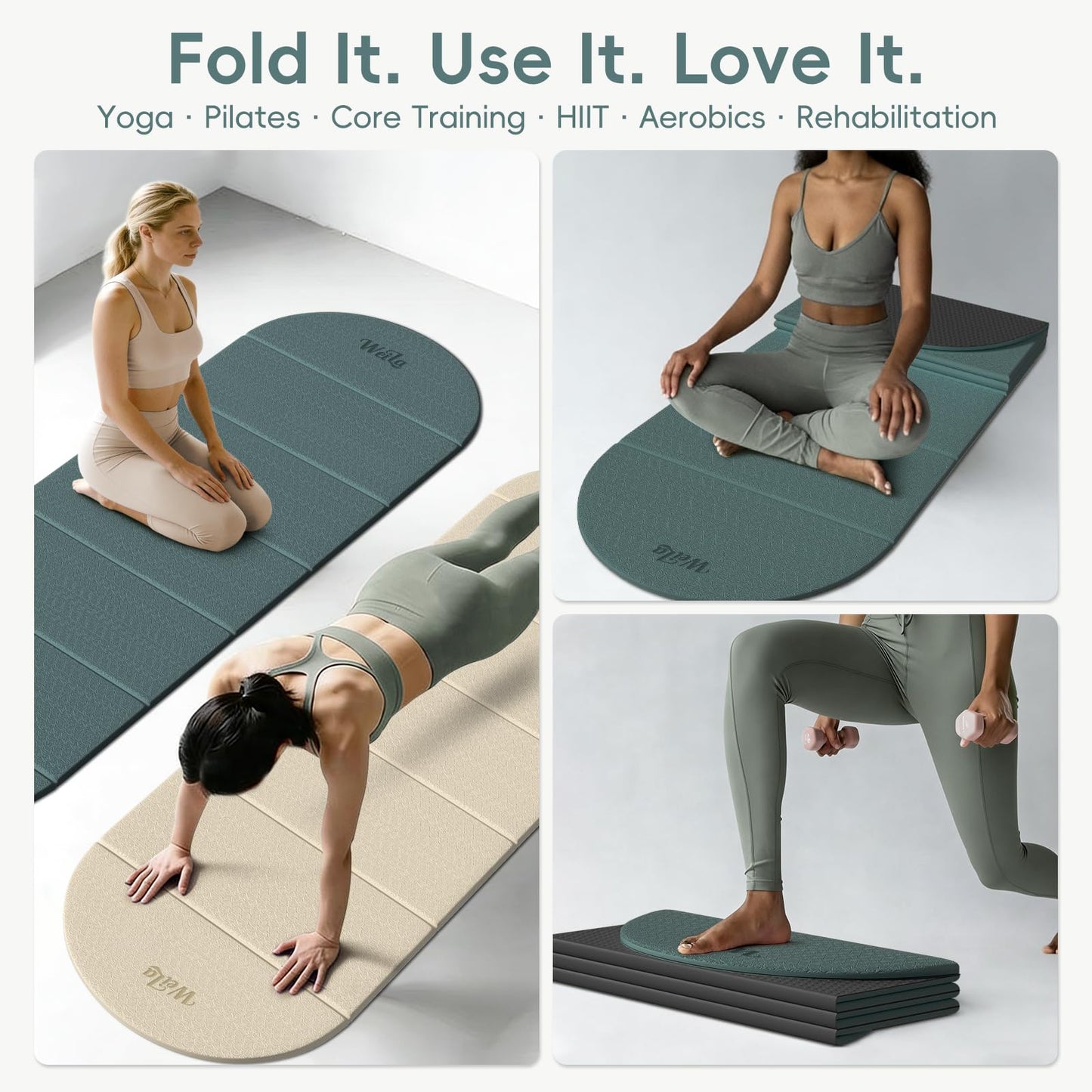 WeiLa Foldable Yoga Mat 10mm Extra Thick, 75"x26" Large, SGS-Certified Non-Slip TPE Fitness Mat, 7-Fold Portable for Yoga Pilates Floor Workouts Home Gym Travel (Dark Green & Black)