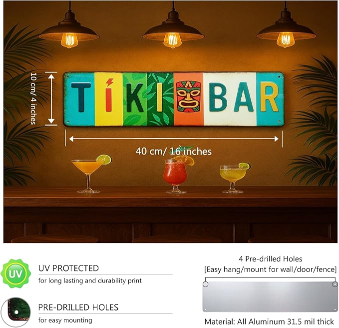 Tiki Bar All-Aluminum Metal Sign – Tropical Wall Decor for Home Bar, Patio, Poolside, Garden, Outdoor Party Decorations – 16 x 4 Inch