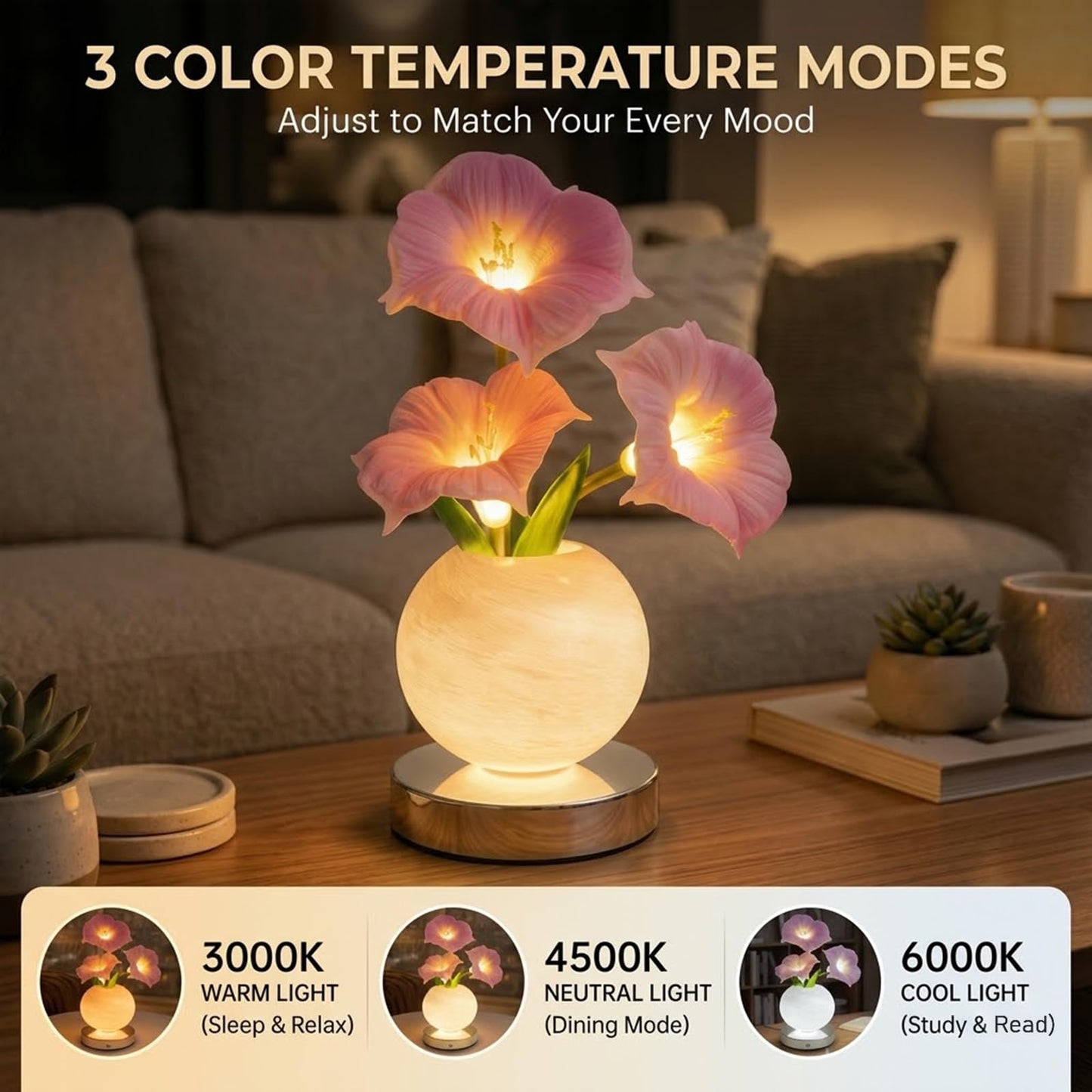 Strackvial Flower Table Lamp, Rechargeable Cordless Touch Dimming Artificial Morning Glory Flower Desk Lamp, LED Flower Bedside Night Light Romantic Gifts for Girl Women Mom (Pink Morning Glory)