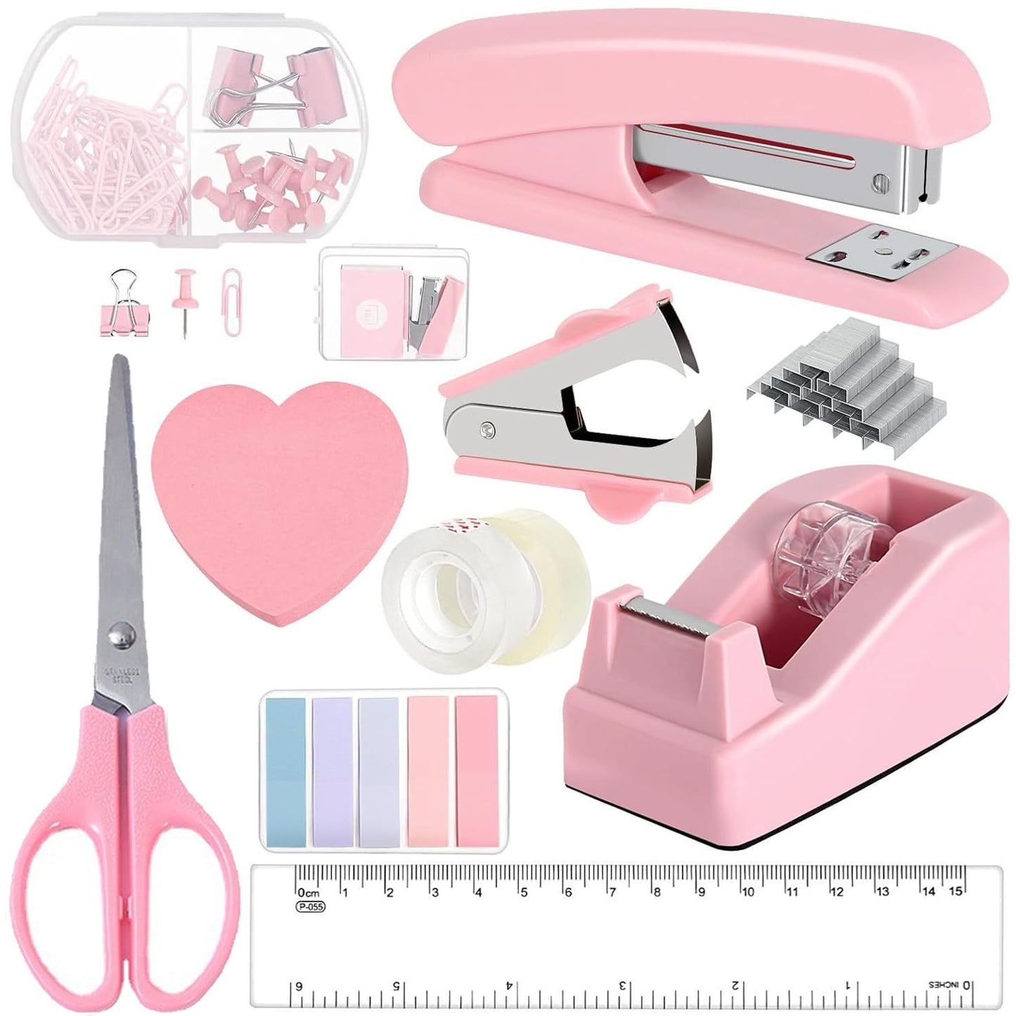 12 Pack Office Supply Kit,Pink Office Supplies Includes Stapler,Tape Dispenser,Staple Remover,Staples,Clips,Scissor,Staples,Clips,Scissor,Ruler and Tabs