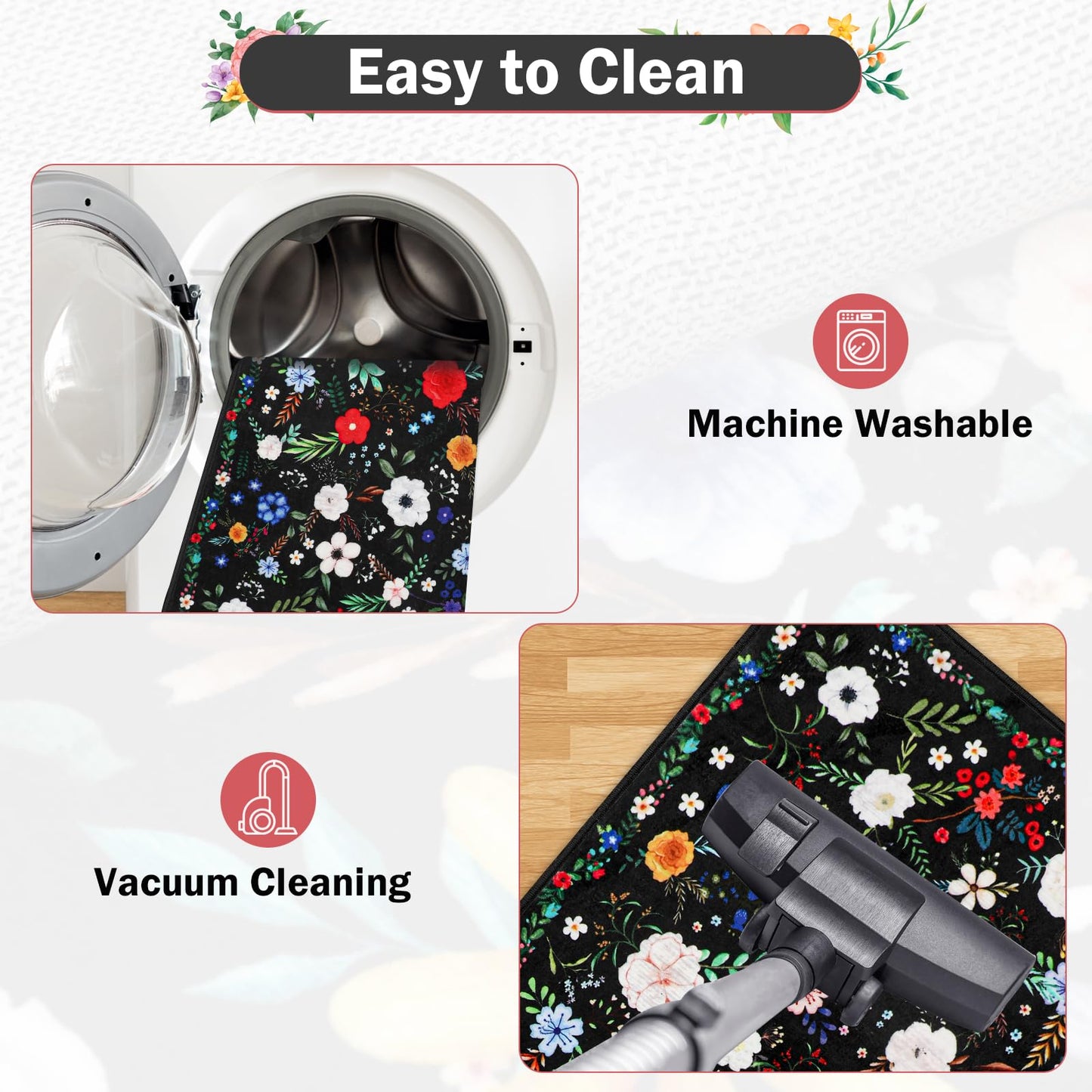 PCSWEET HOME Floral Kitchen Rug Sets 3 Piece, Washable Kitchen Mats for Floor Non Slip Soft Thick Kitchen Floor Mat Carpet Runner Rugs for Hallway Laundry Room, Black