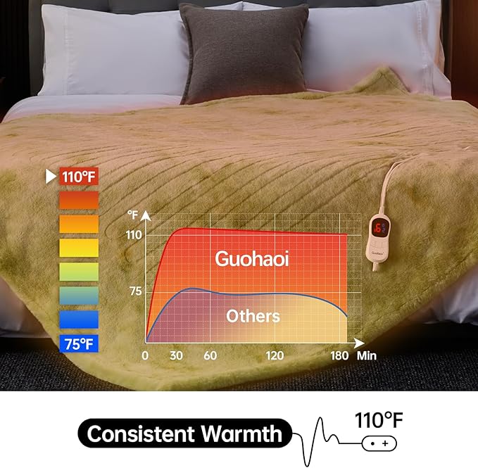Guohaoi Heated Blanket Electric Throw, Soft Faux Rabbit Fur Electric Blanket with 10 Heating Levels 5 Sitting Timer Auto Off, Cozy Warm Heating Blankets, Machine Washable(84"×90" Light Green)