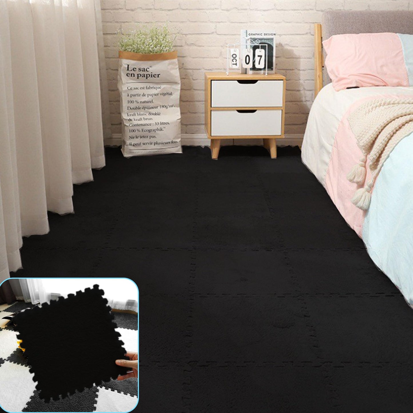 Interlocking Carpet Shaggy Soft EVA Foam Mats Fluffy Area Rugs Protective Floor Tiles Exercise Play Mat for Children Kids Room Home Parlor Bedroom 12 pcs Black