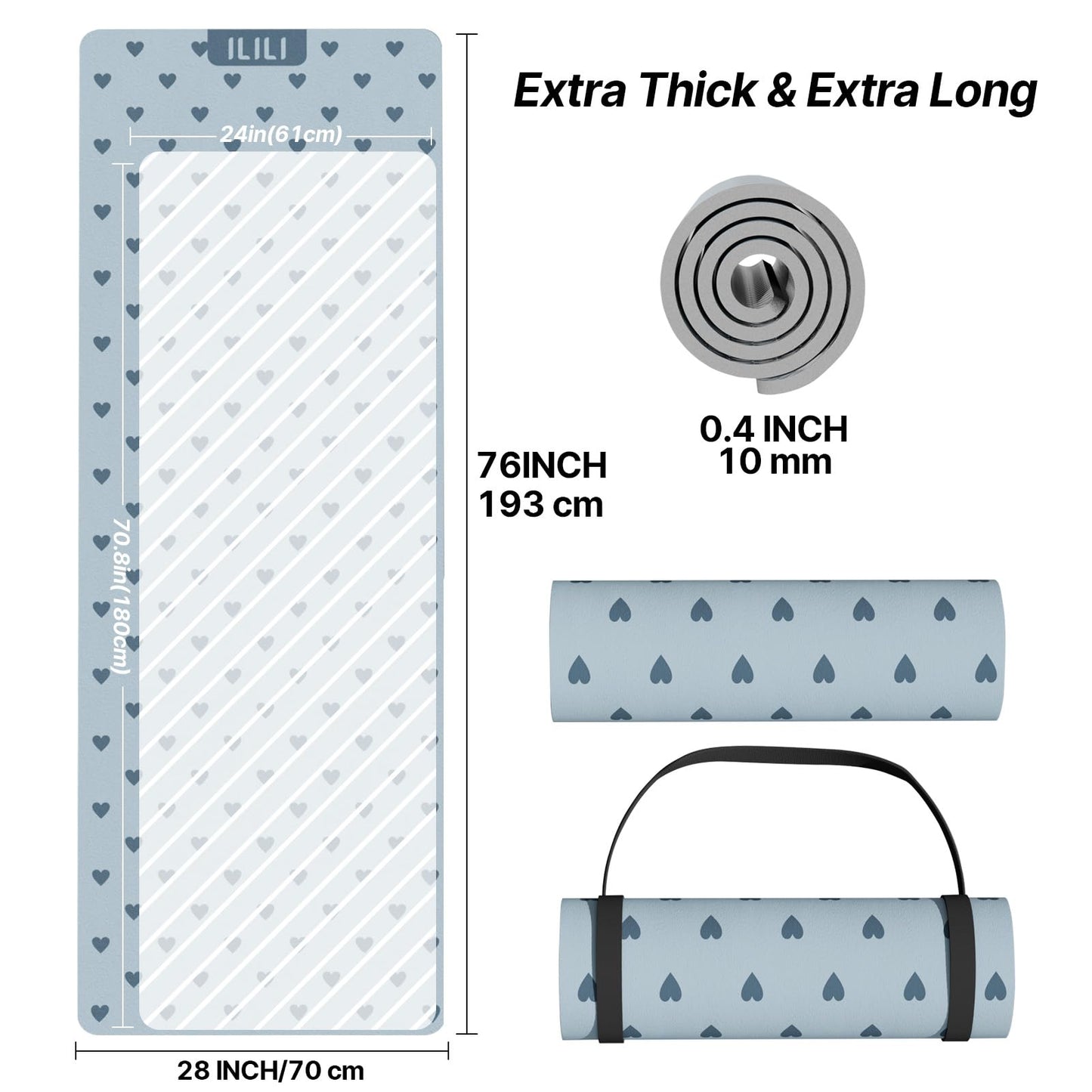 ILILI Yoga Mat 10mm Thick, Suede&TPE Exercise Mat, 76"L*28"W Extra Long, 0.4 Inches Soft and Comfortable, 193*70cm Fitness Mat with Strap, Portable for Yoga, Pilates, Floor Exercise, Home and Outdoor Use, Eco Friendly (Blue)