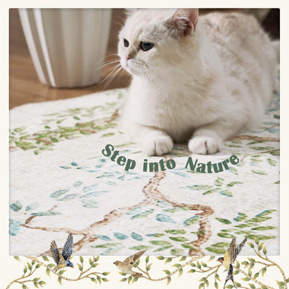 jinchan Yarden Round Rug 6ft, Vintage Distressed Botanical Birds Print Rug, Machine Washable Ultra Thin Low Pile Non Slip Area Rug, Ivory Circle Rug for Living Room Bedroom