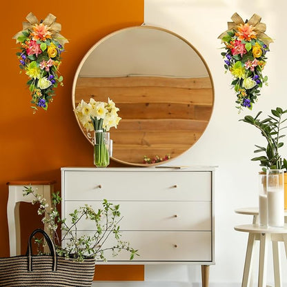 Spring Summer Floral Teardrop Swags Lighted Mixed Flower Teardrop Wreath with Dahlia Pinnata Peonies Rose Burlap Bow and Eucalyptus Leaves Floral Arrangement for Door Wall Mantel Window
