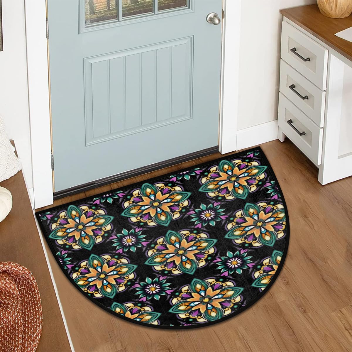Half Round Door Mat Soft Non Slip Semi Circle Bath Rug with TPR Backing,Mexican Floral Tile Welcome Doormat Entryway Rugs for Front Door Living Room Bathroom,36x24IN