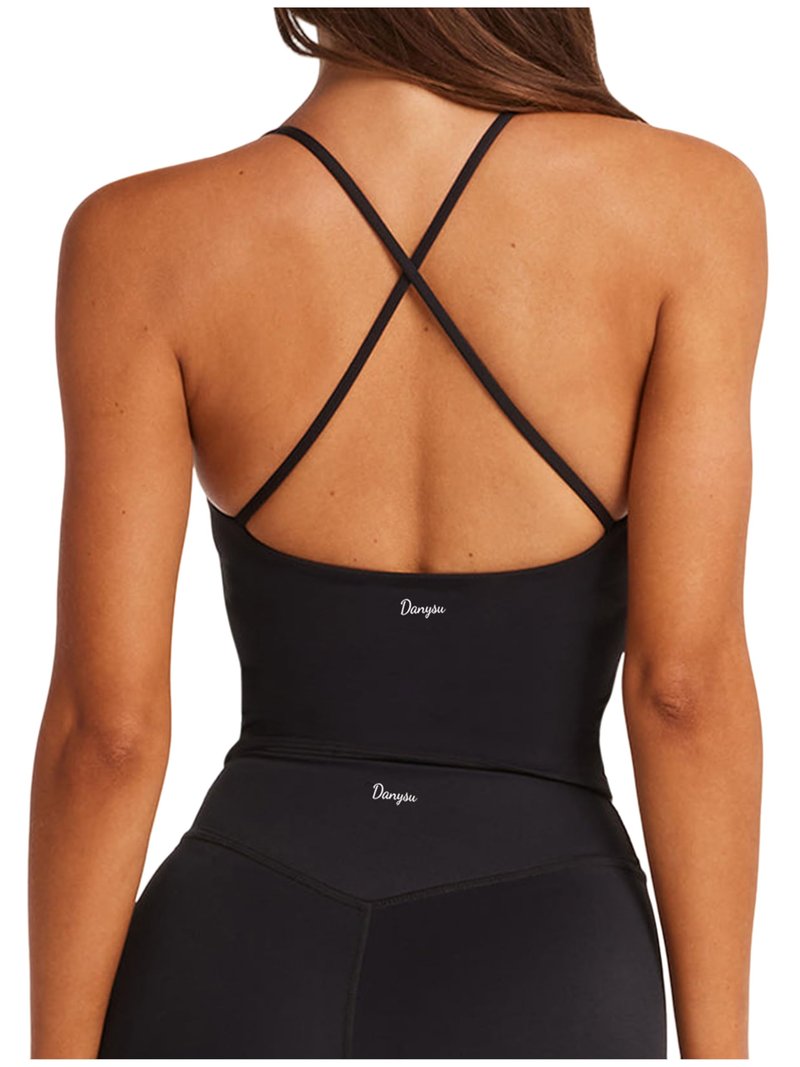 Danysu Sculpt Workout Tank Tops Women Longline Sports Bras Workout Tops for Women Light Support Strappy Padded Yoga Top Scoop Neck Black M