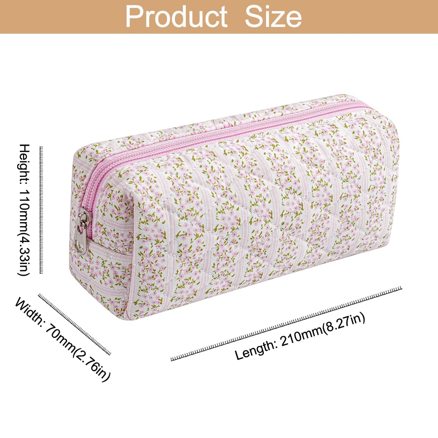 HHQQWZ Cute Floral Cotton Makeup Brush Cosmetic Bag for Women, Travel Quilted Zipper Make Up Bag, Flowers Toiletry Organizer Case Kawaii Makeup Cosmetic Travel Cloth Pouch (Pink Floral)