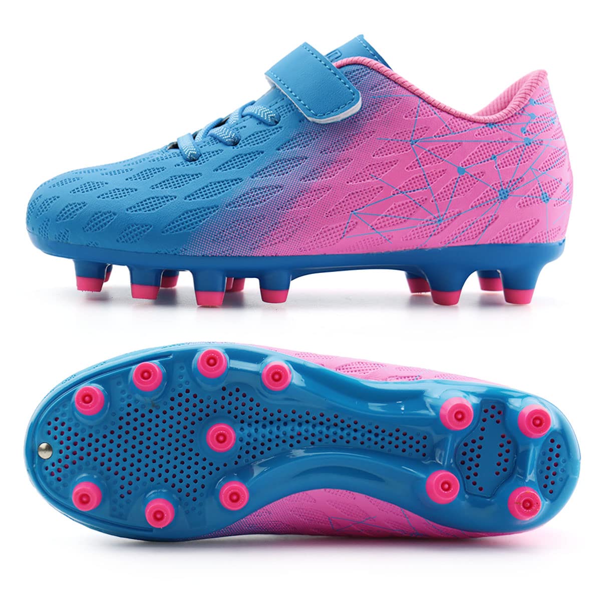 brooman Kids Firm Ground Soccer Cleats Boys Girls Athletic Outdoor Football Shoes(13,Blue Pink)