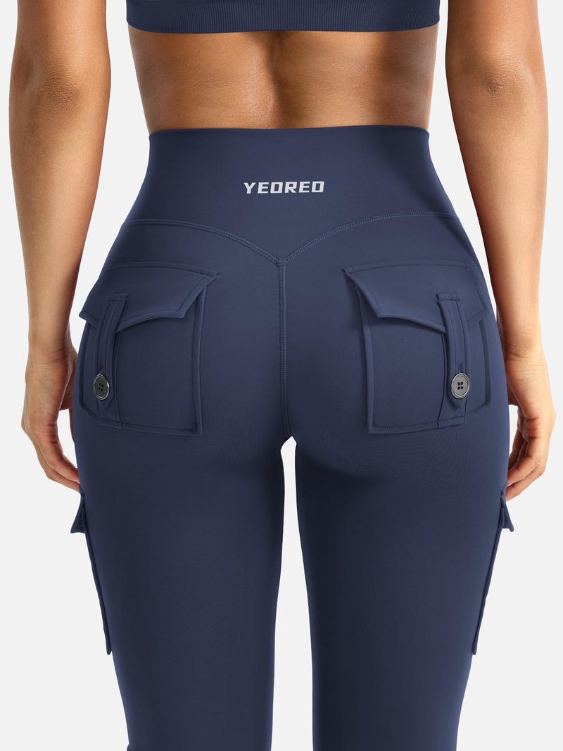 YEOREO CoreFlex Women Workout Flare Leggings with Pockets Hidden Scrunch High Waisted Cargo Gym Yoga Leggings Navy S