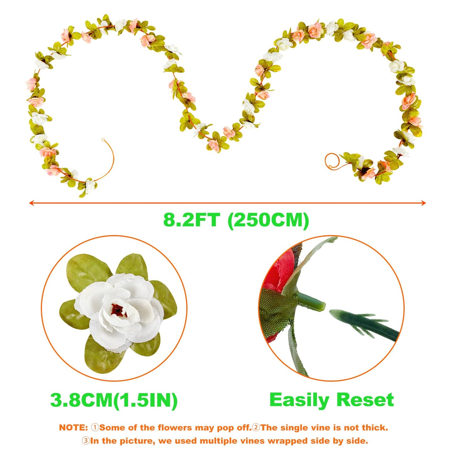 PONKING 8 Pcs x 8.2 ft Flower Garland Artificial Rose Vine Flowers with Green Leaves Hanging Fake Roses Vine for Room Party Home Wedding Birthday Christmas Wall Arch Decor, Spring White Flower