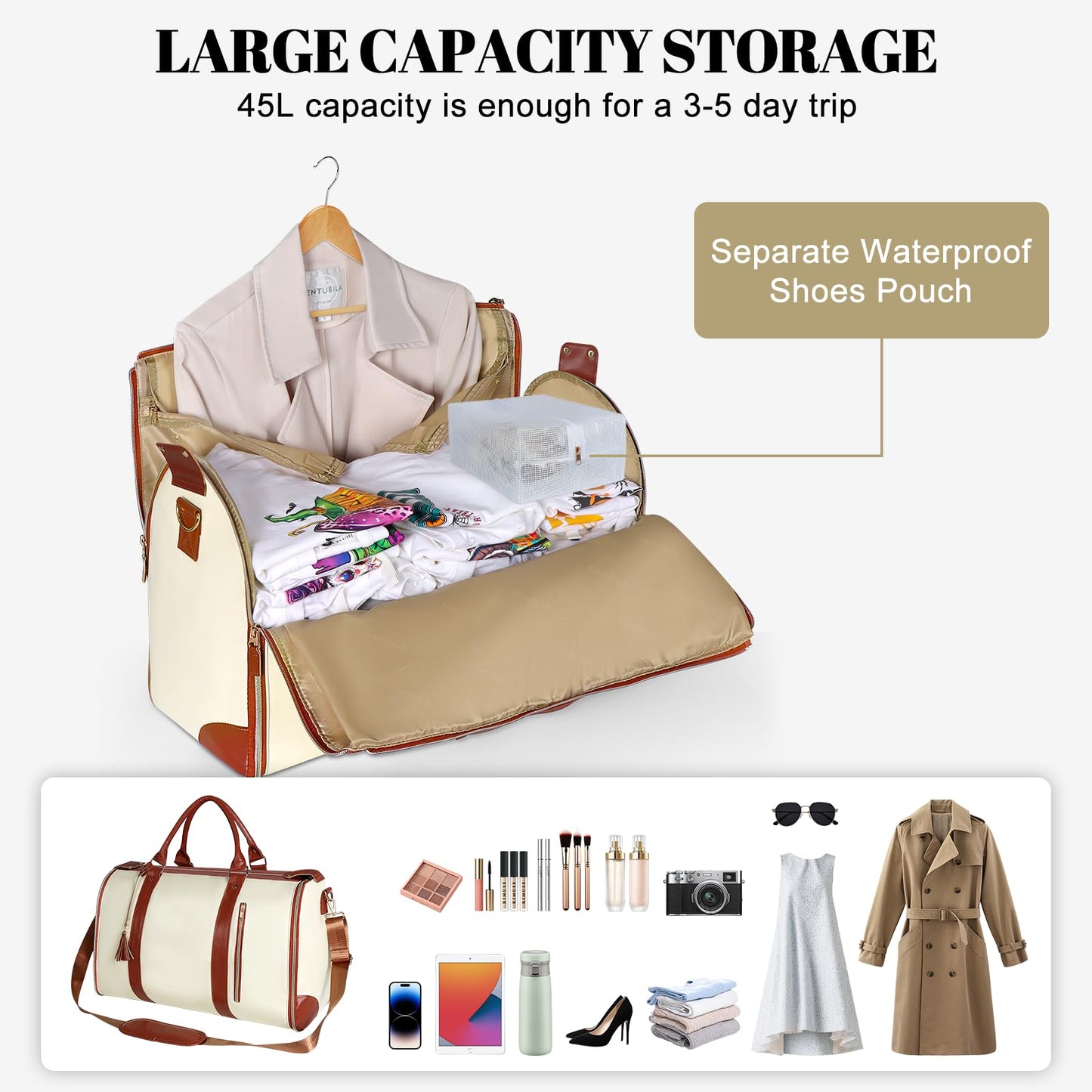 Geestock Garment Bag for Travel, Convertible Carry On Garment Duffle Bags for Women with Shoe Pouch & Detachable Shoulder Strap, Large PU Leather, 2 in 1 Hanging Suitcase Dress Suit Travel Bag, Beige