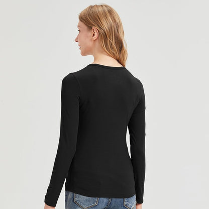 netdraw Women's Buttery Soft Ribbed Bamboo Viscose Long Sleeve T-Shirt Crew Neck Casual Tops Slim Fitted Thermal Undershirt, Black, Medium