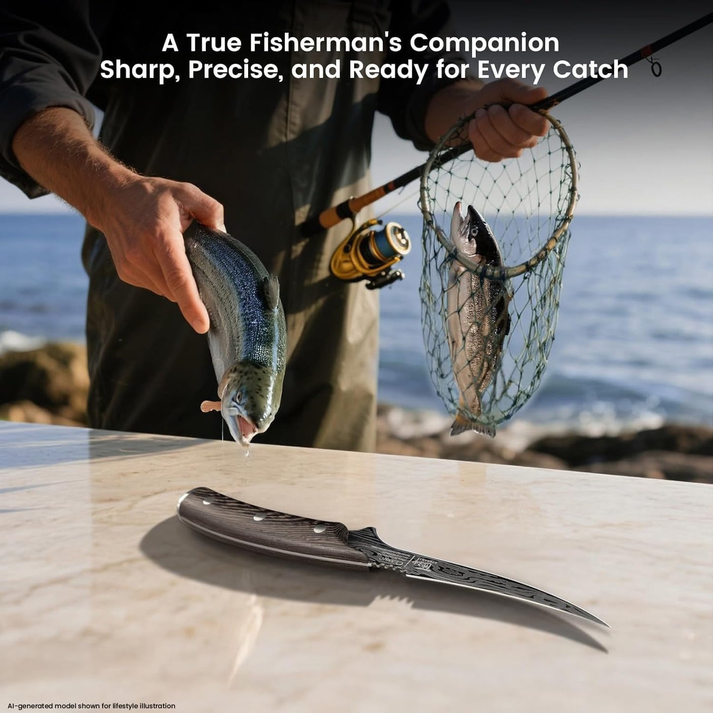 SYOKAMI Fillet Knife, Razor Sharp 7.2 Inch Boning Knife, High Carbon Stainless Steel Filet Knives with High Flexibility, Wooden Handle, Full Tang Damascus Pattern Fishing Knives, Ideal Gift