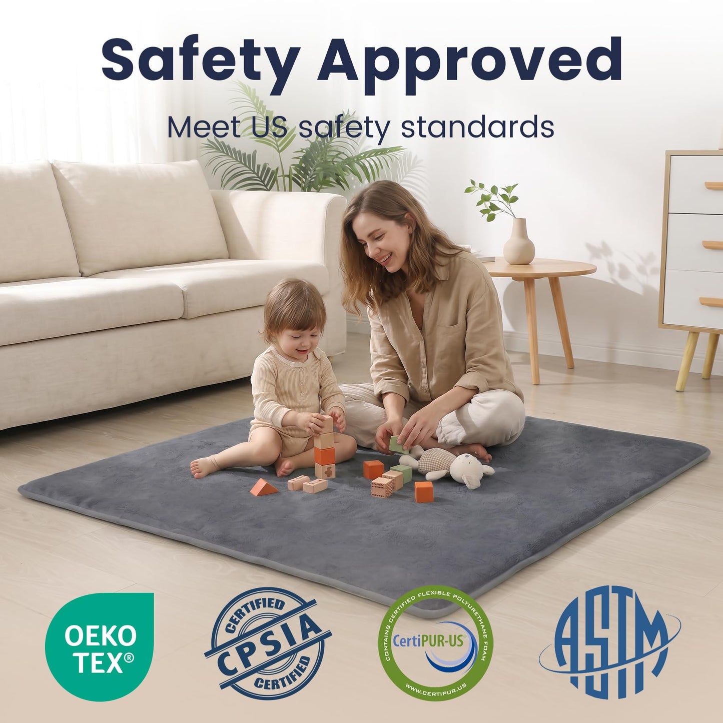 Huloo Sleep Baby Play Mat for Floor,1.3" Thick Elasti-Foam 50"×50" Playpen Mat for Tummy Time,Non-Toxic Certified Water Repellent Soft Coral Velvet for Toddler,Infant,Kids,Non-Slip Backing Safe for Crawling(Dark Grey)