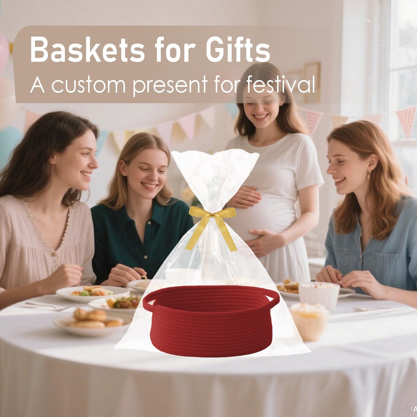 JMvicyroam Woven Basket,Small Rope Storage Bin with Handles & Ribbon Bag, Organizer for Shelves Closets,Gift Basket Empty for Birthday,Books,Dog Toys, Red