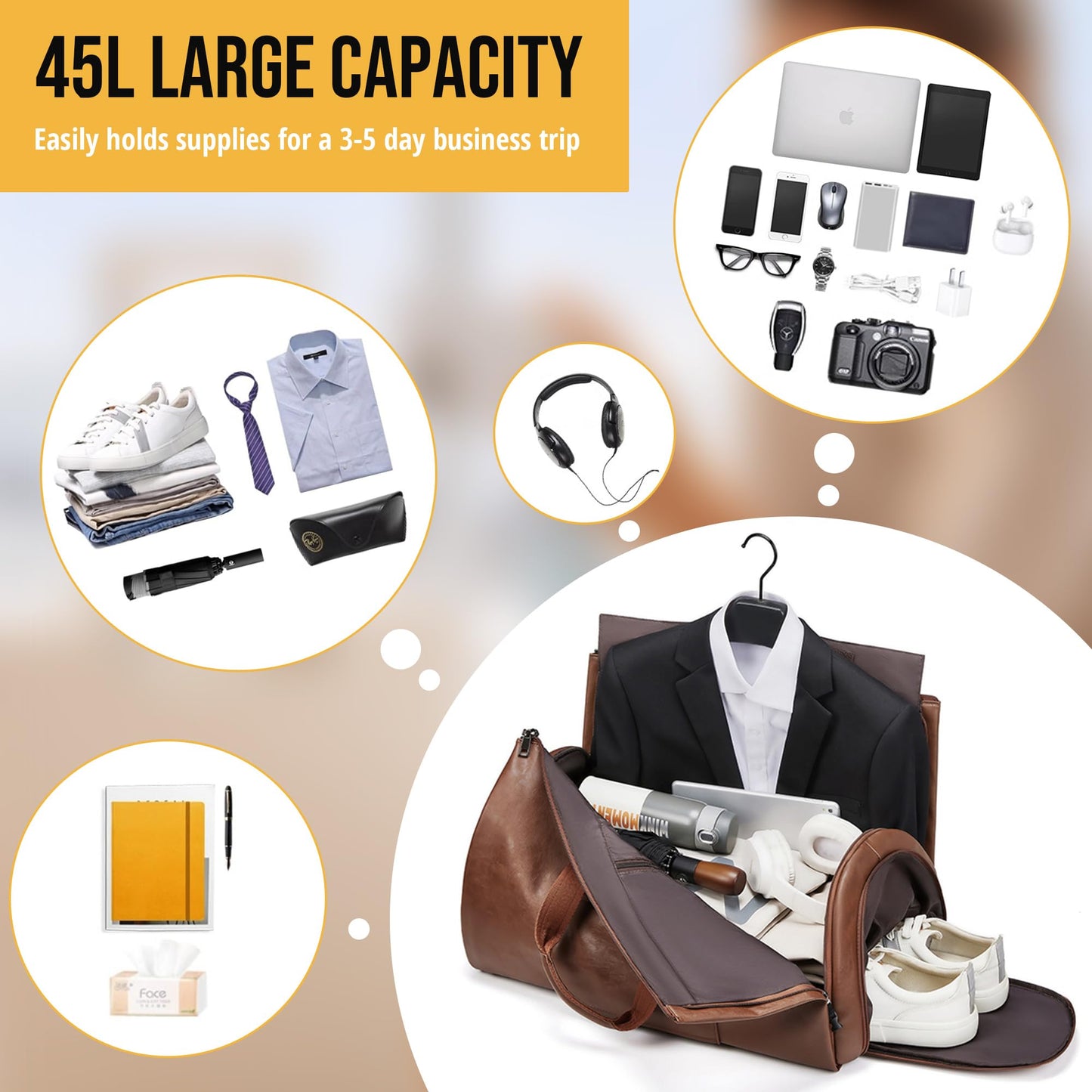 Wymulot Convertible Garment Bag, Carry on Garment Duffel Bag with Shoulder Strap, Men's Women's Travel Clothing Bag with Shoe Compartment, 2-in-1 Hanging Suitcase Suit Business Travel Bag (Brown)