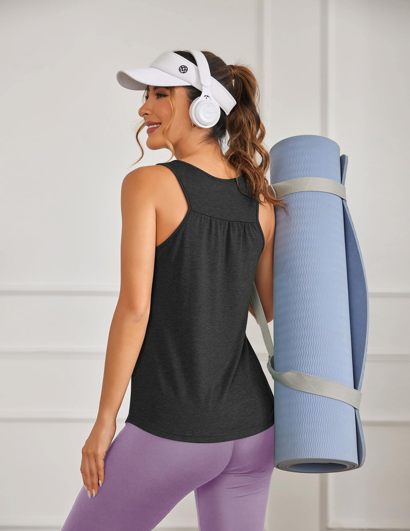 PINSPARK Sleeveless Workout Tops for Women Racerback Tank Top Lightweight Yoga Gym Shirts Scoop Neck Athletic Running Activewear 2 Pack,Black/Black S