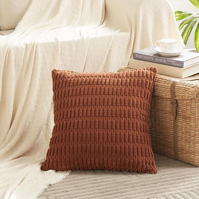 Fancy Homi Rust Decorative Throw Pillow Covers 16x16 Inch for Living Room Couch Bed Sofa, Soft Striped Corduroy Square Cushion Case 40x40 cm, Terracotta Rustic Farmhouse Boho Home Decor