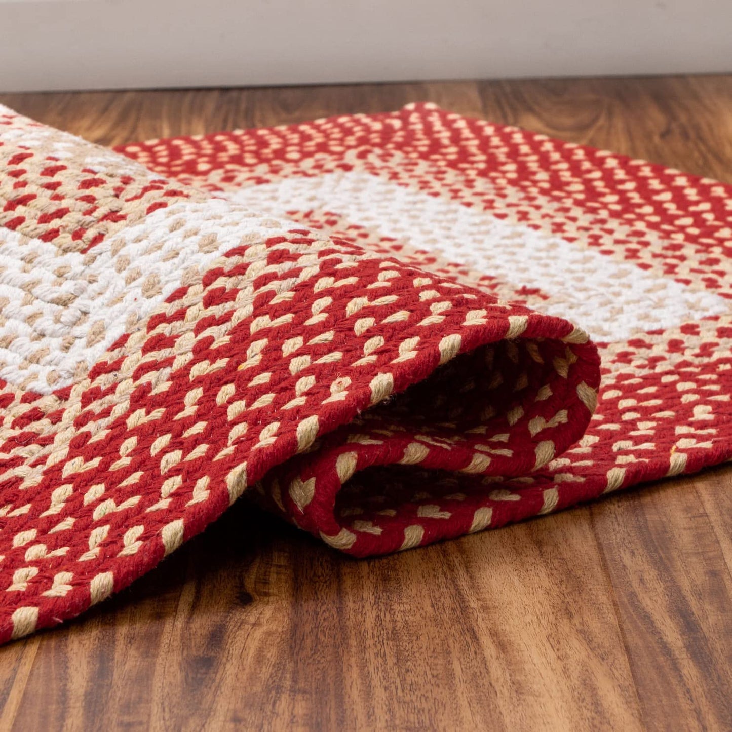 Super Area Rugs 4X6ft Farmhouse Braided Rug - Natural Soft Cotton Carpet for Dining Room/Kitchen - Primitive Country Woven Rug - Red/Cream/Ivory