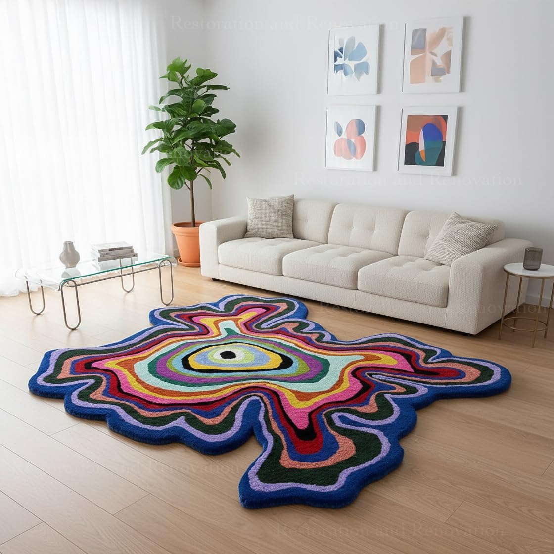 RUGORIA Handmade Irregular Shape Wool Area Rug | Modern Colourful Abstract Wave Design with Throw Illusion Pattern Carpet for Living Room Bedroom Dining Room & Home Decor (Multi B, 5x5 ft)