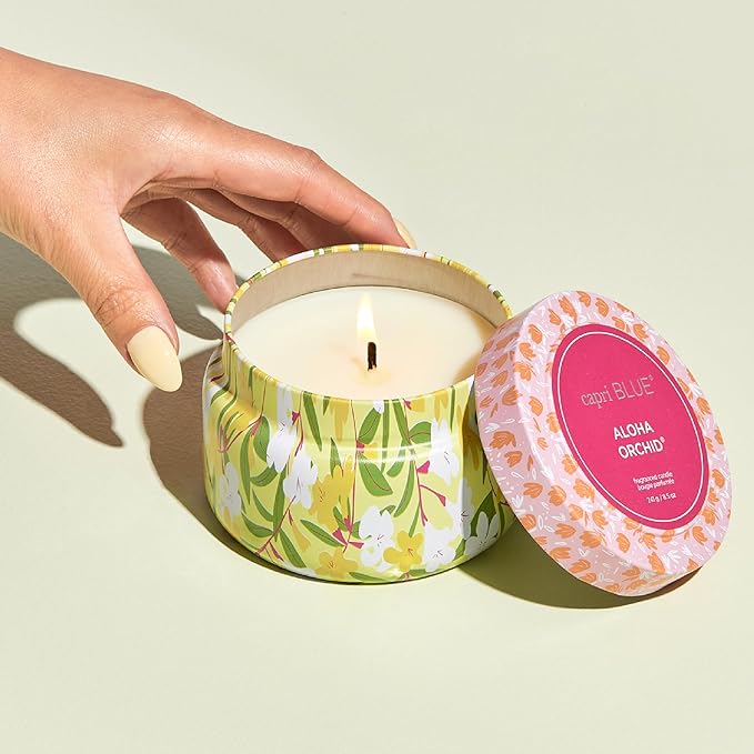 Capri Blue Scented Candles for Women & Men - Pattern Play Travel Tin Small Candles - Soy Wax Blend - Luxury Home Decor with Notes of Orchid, Jasmine, Gardenia & Floral Musk (Aloha Orchid, 8.5 oz)