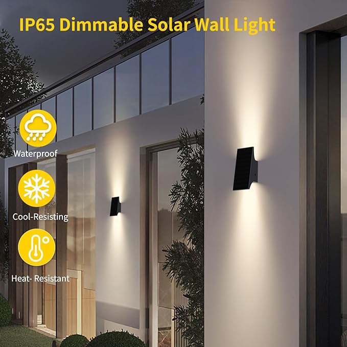 Solar Sconce Lights Outdoor, Dimmable Solar Wall Lights Up and Down, 3000K 700LM Solars Lights Outdoor IP65 Waterproof for Yard Fence Patio Garage Porch, 2pcs